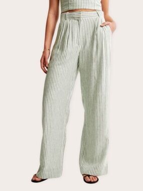 Abercrombie & Fitch Green and White Striped Linen Wide-Leg Pants Petite